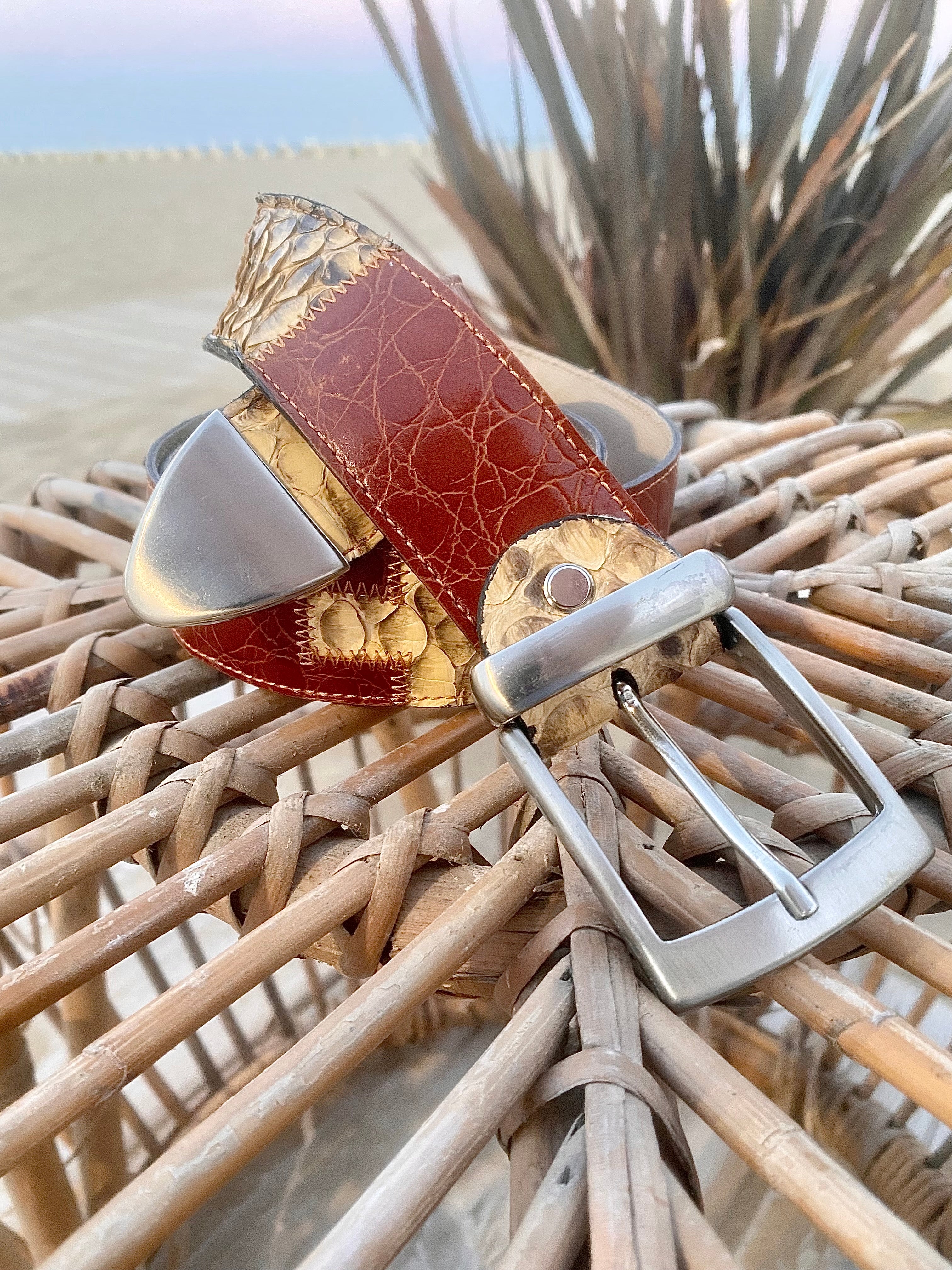 Genuine leather belt with python details