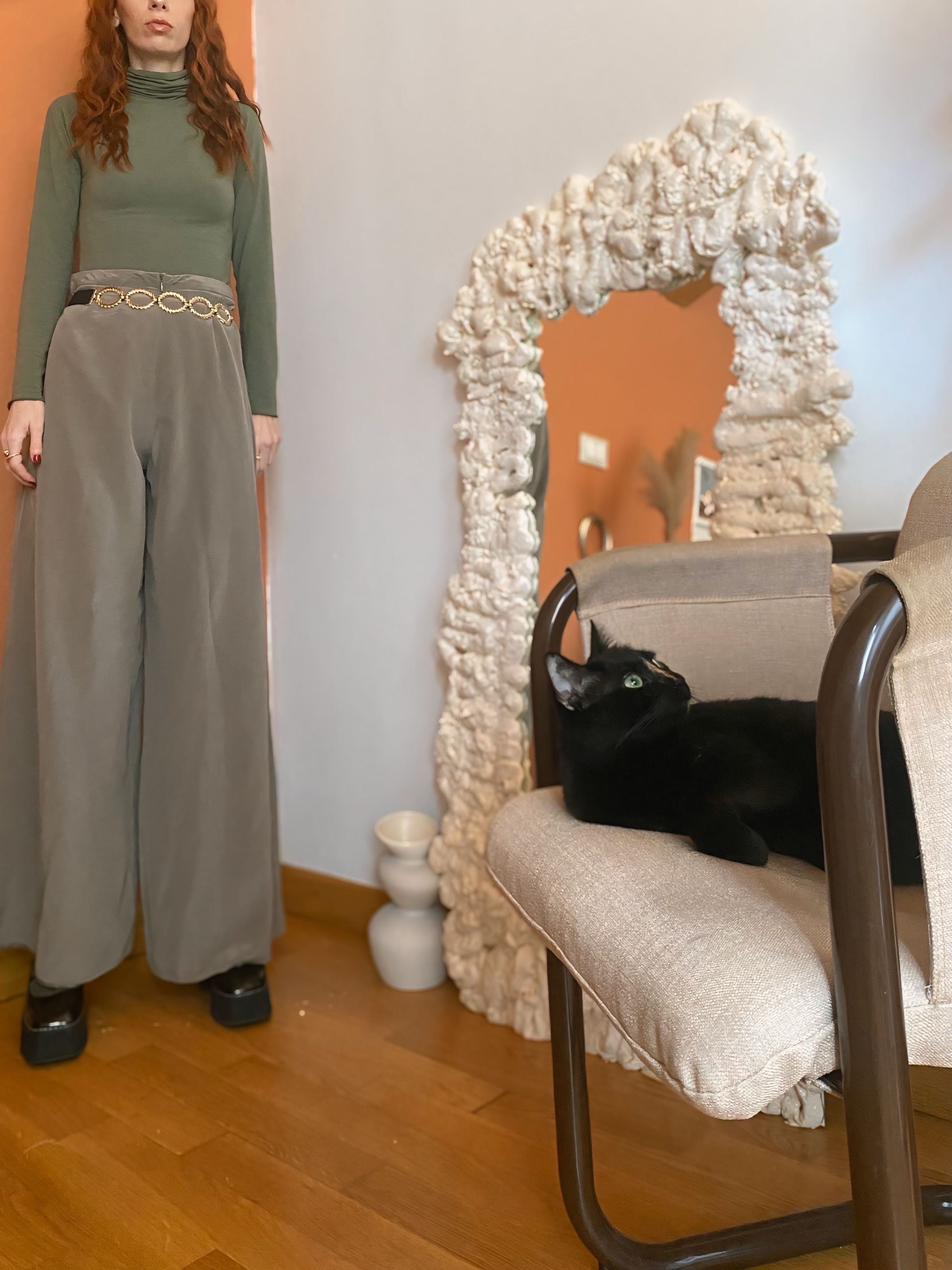 Pantalone salvia in pura seta