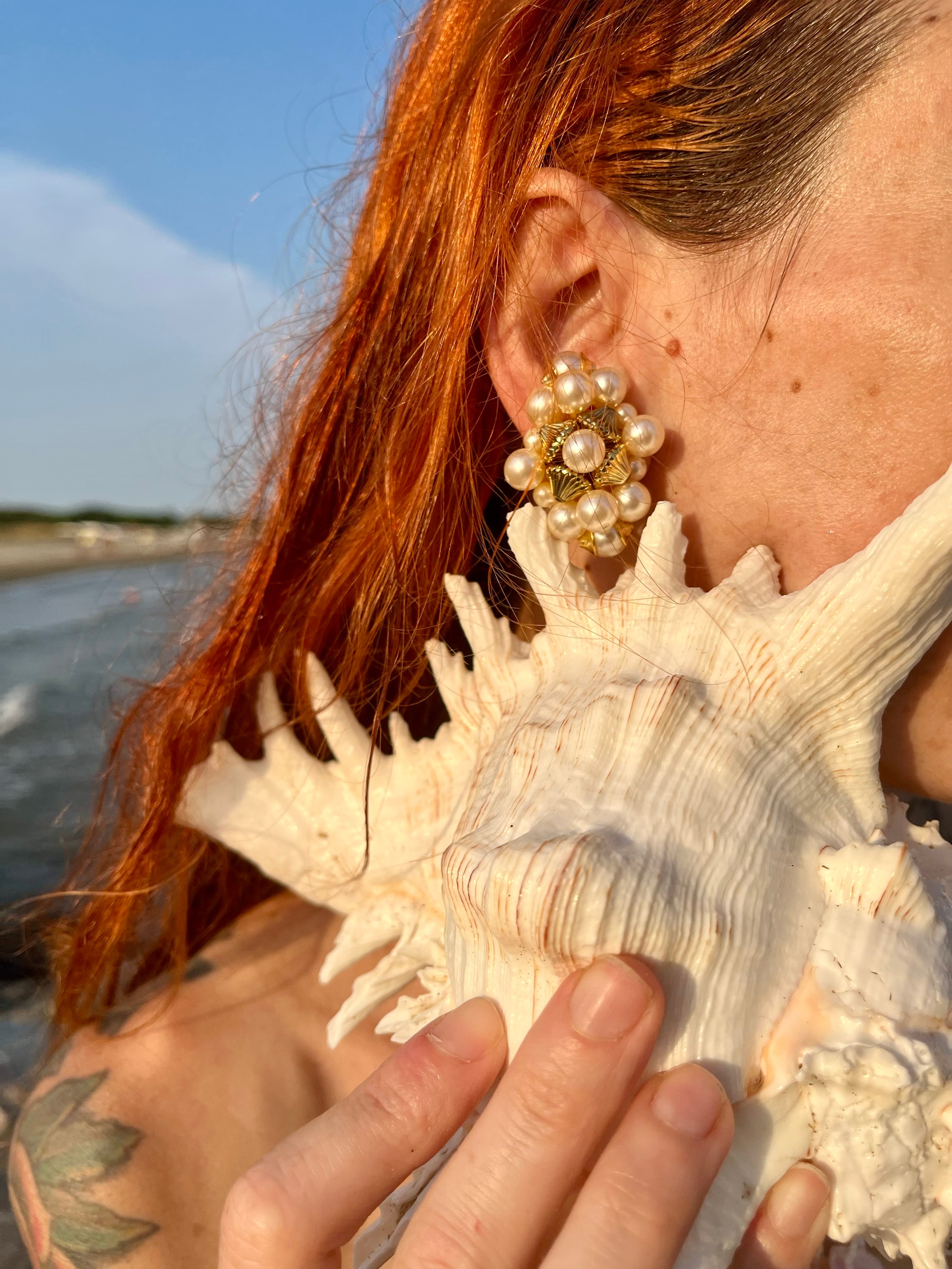 Capri clip-on earrings with pearls and shells