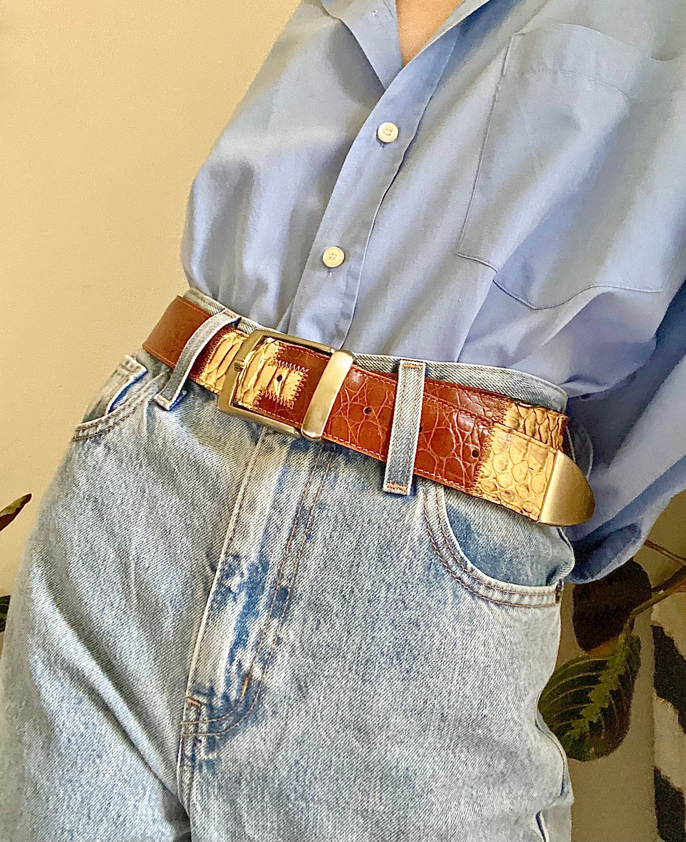 Genuine leather belt with python details
