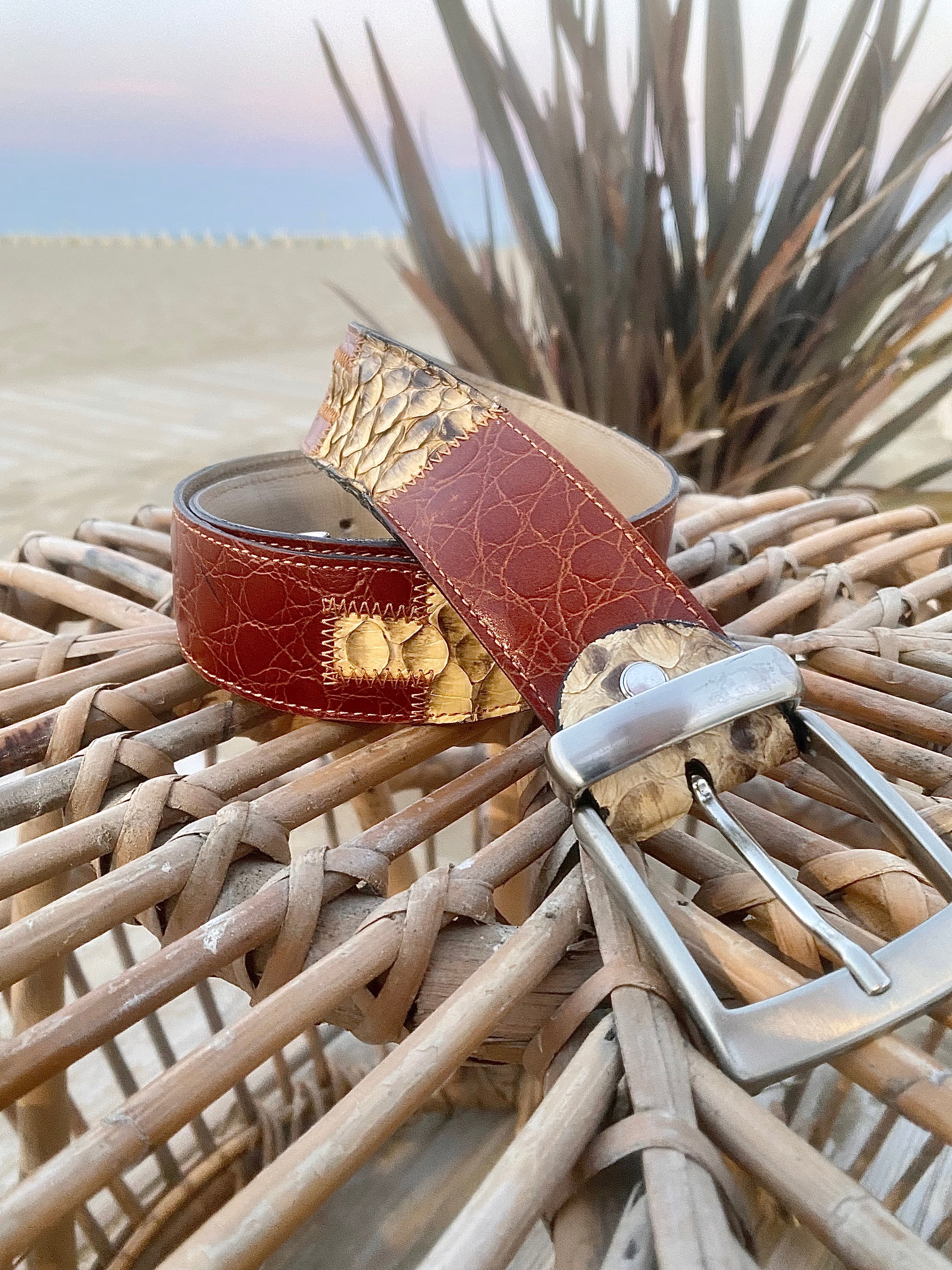 Genuine leather belt with python details