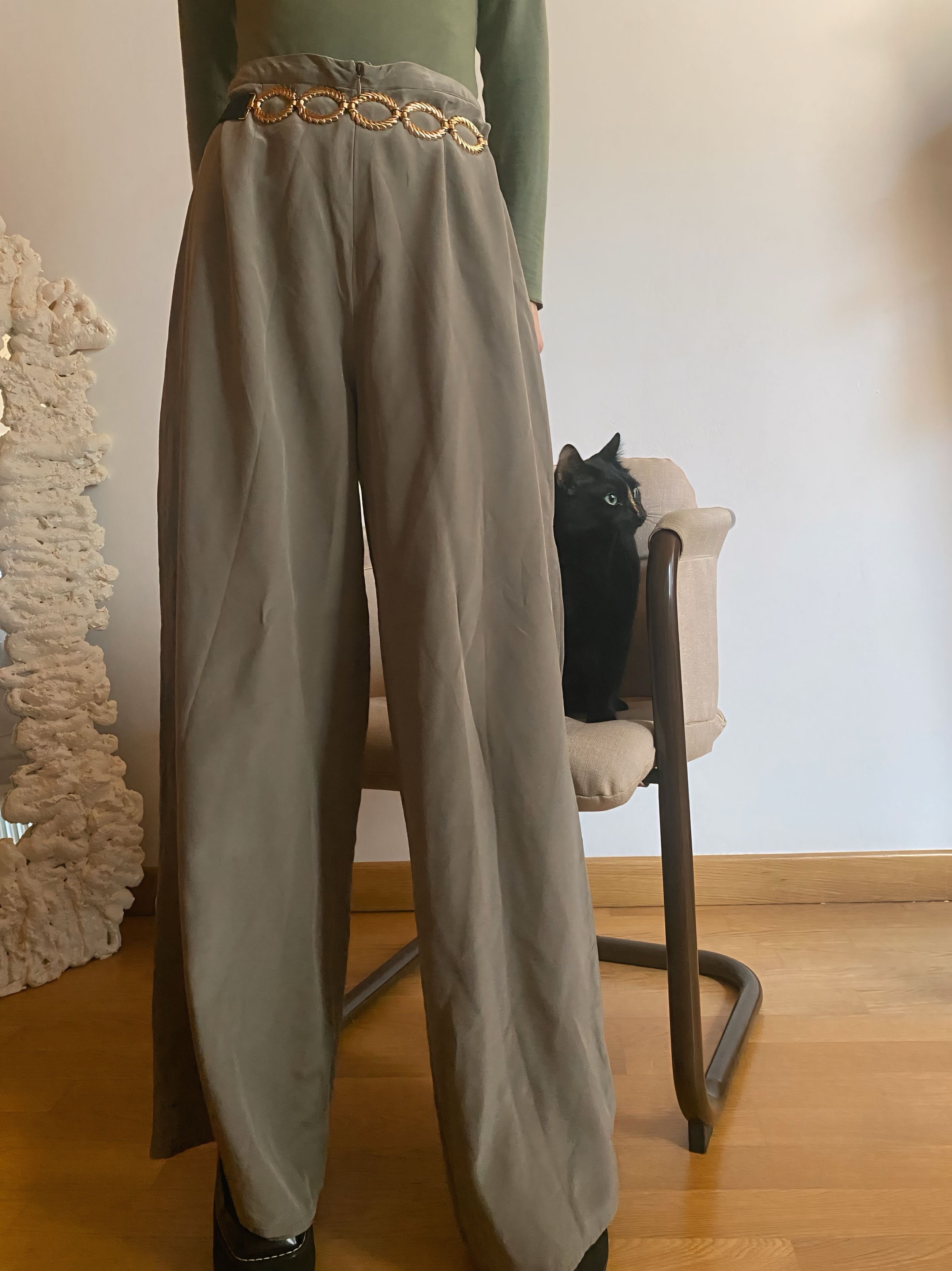 Pantalone salvia in pura seta