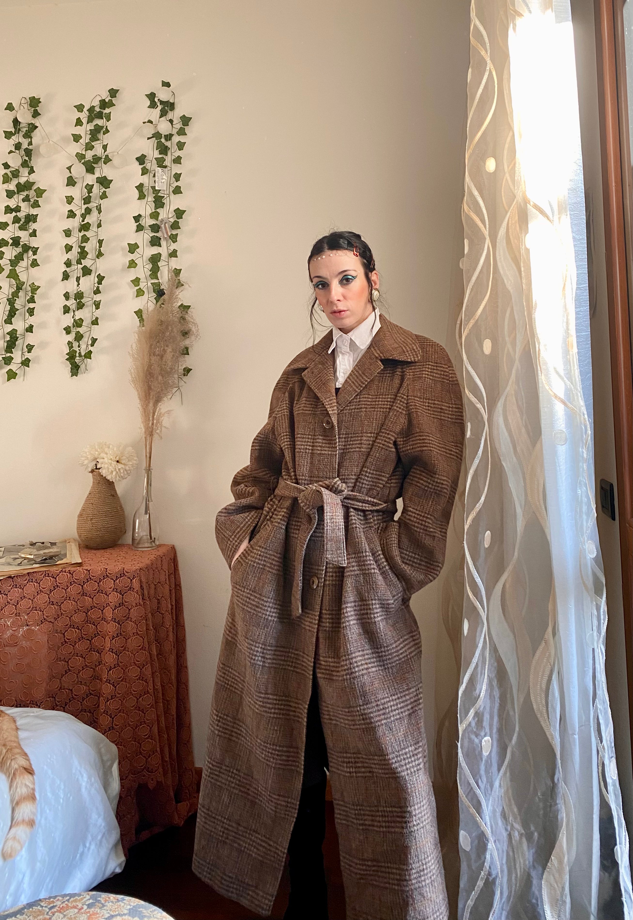 Mocha tartan double-breasted coat