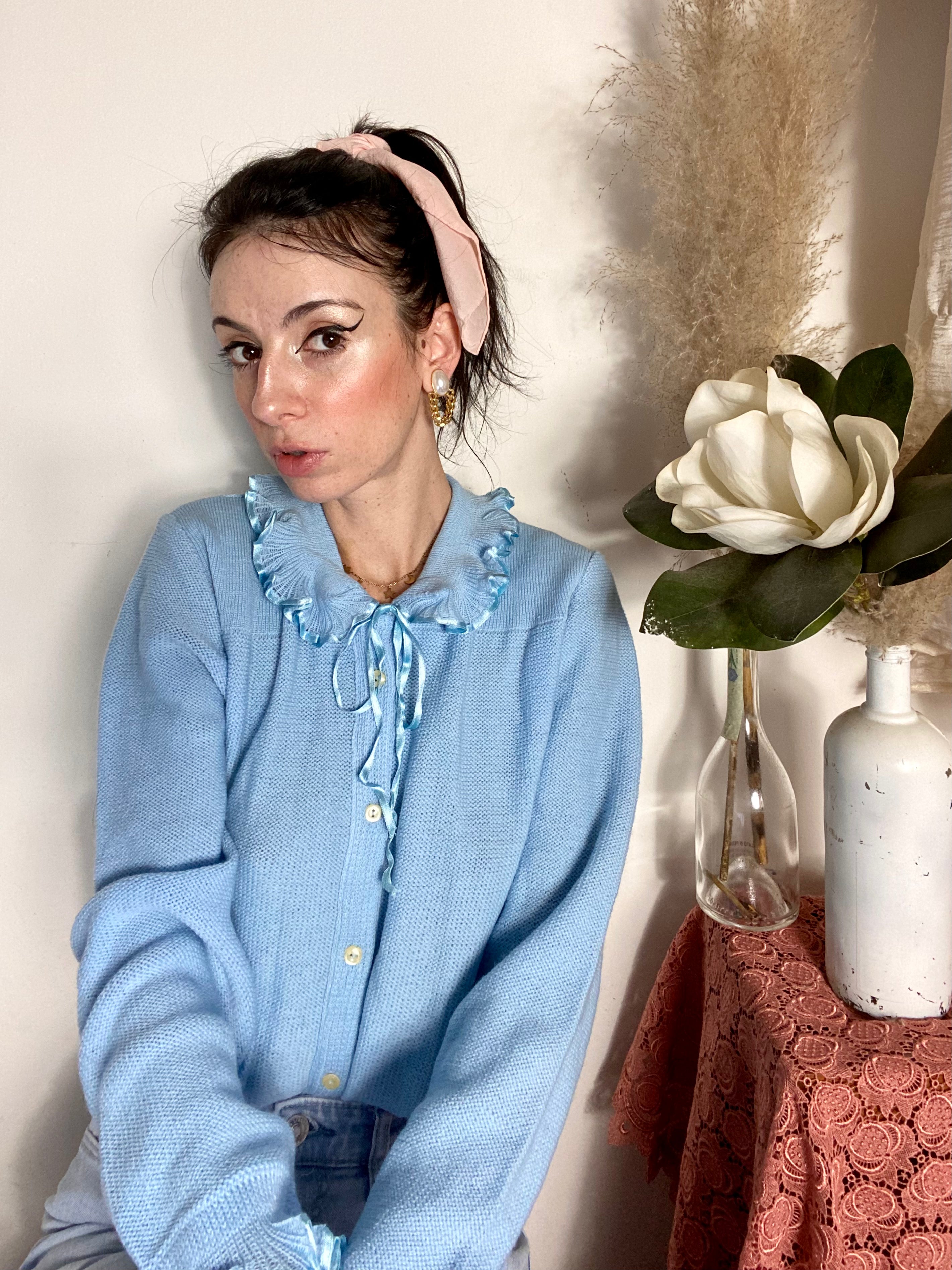 Pastel cardigan with ruffled collar and cuffs