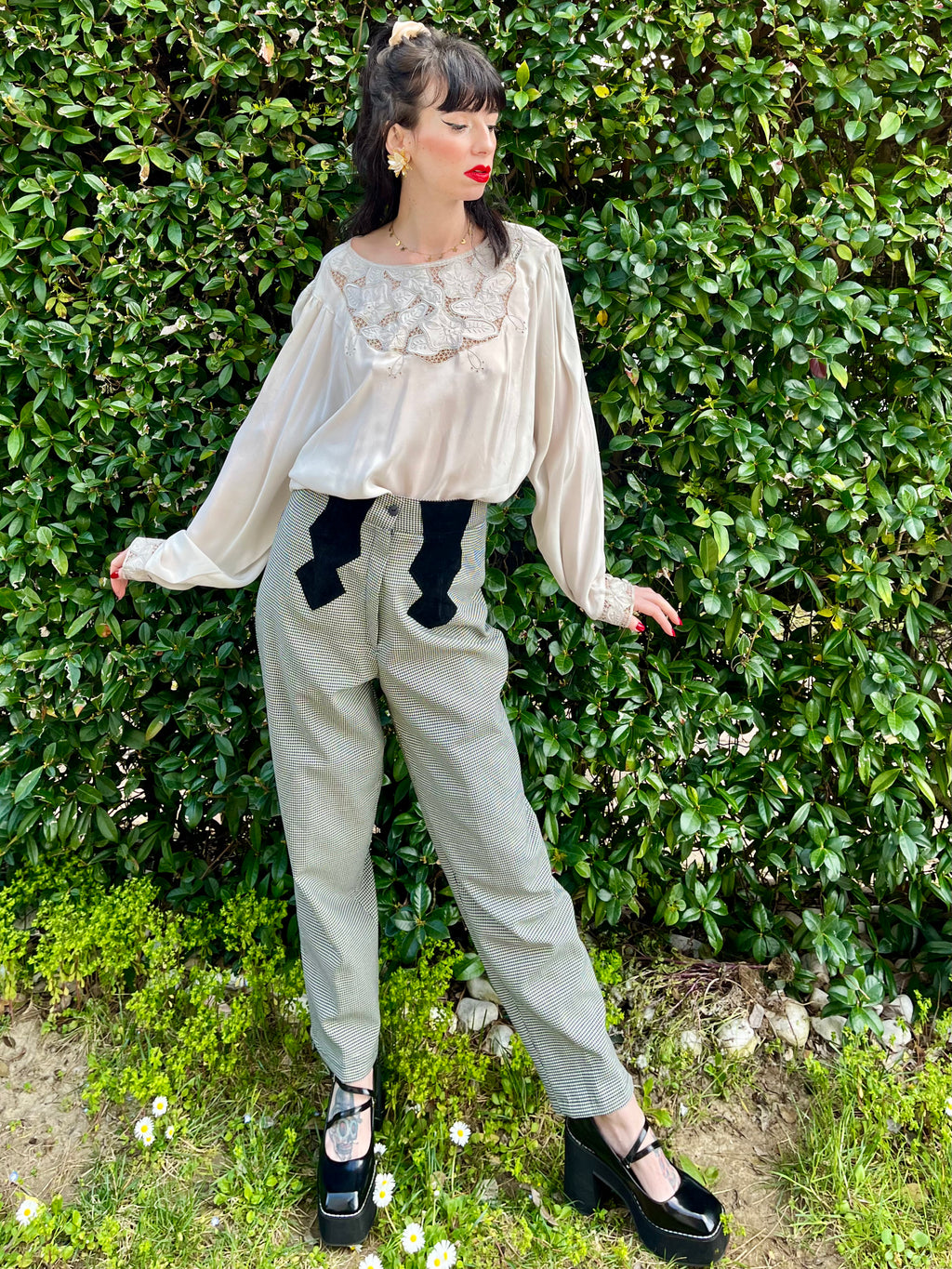 Pantalone pied de poule con dettagli in velluto