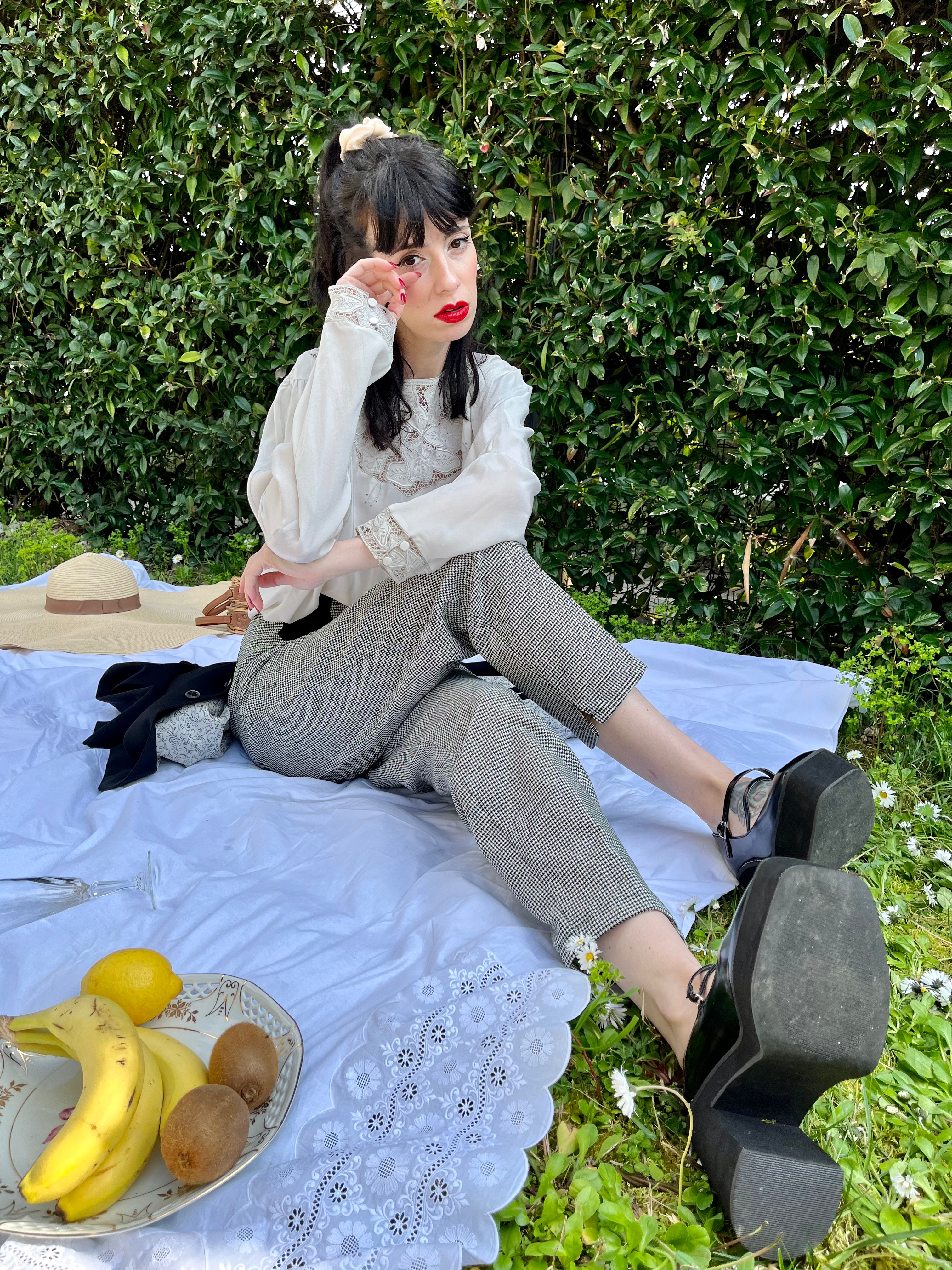 Pantalone pied de poule con dettagli in velluto