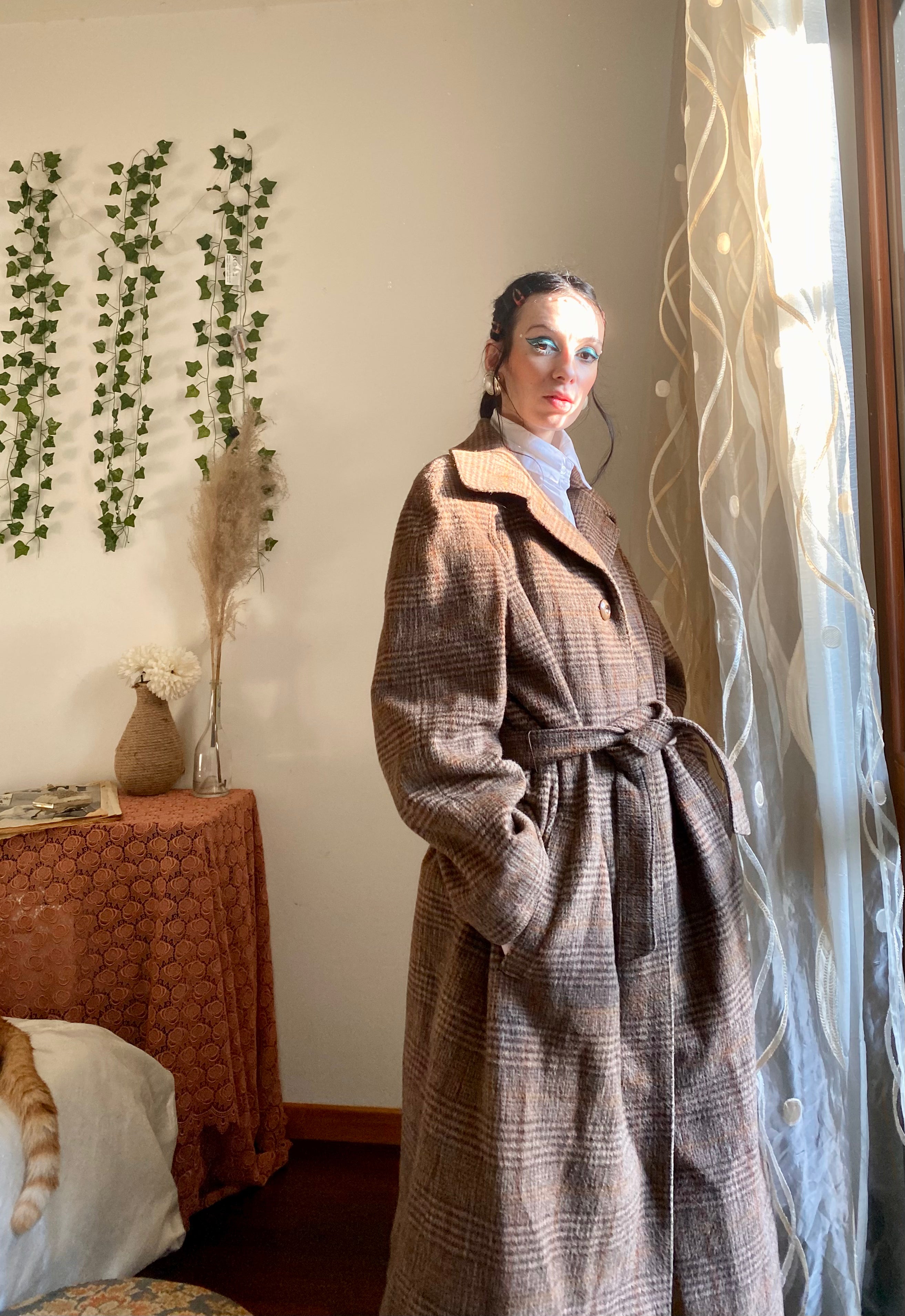 Mocha tartan double-breasted coat