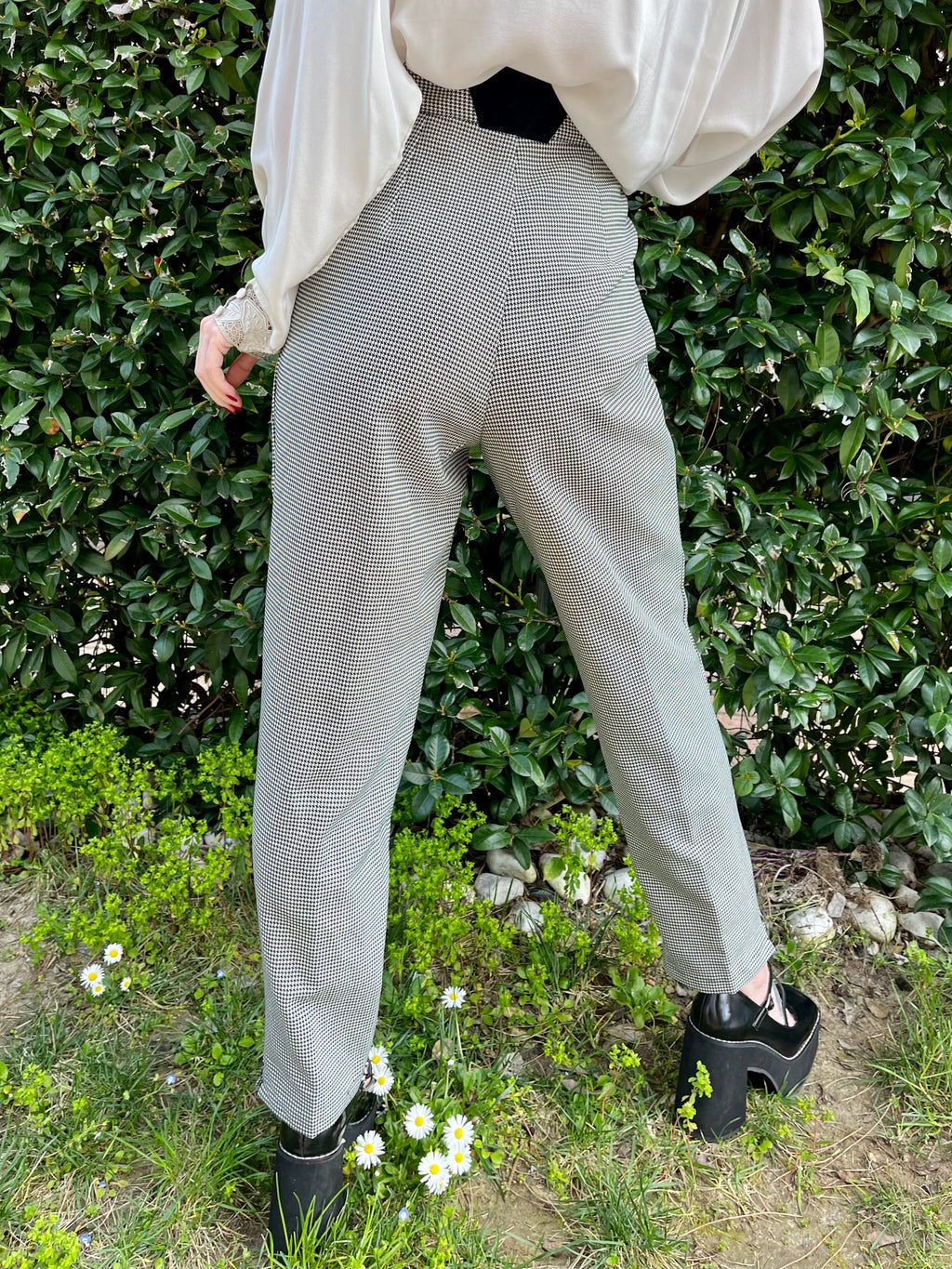 Pantalone pied de poule con dettagli in velluto