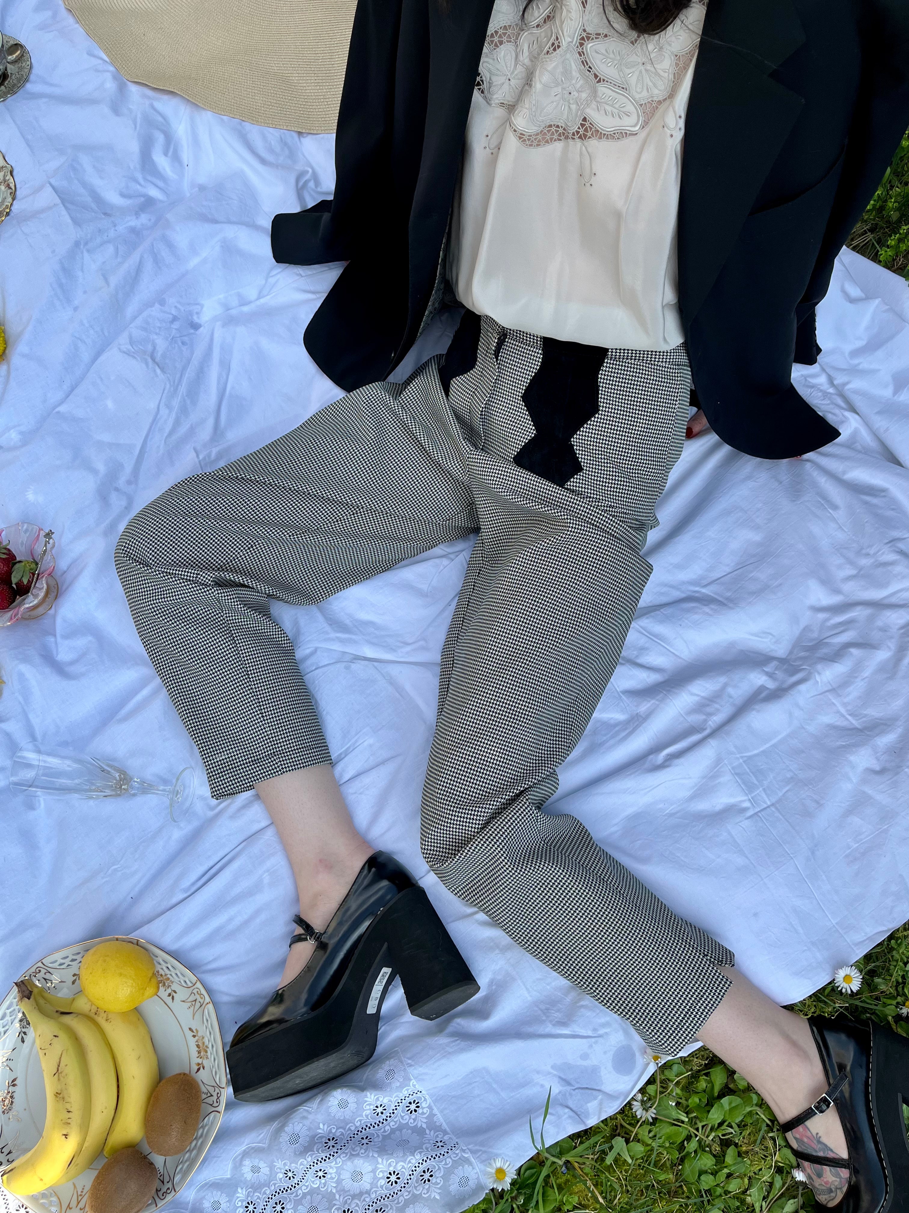 Pantalone pied de poule con dettagli in velluto