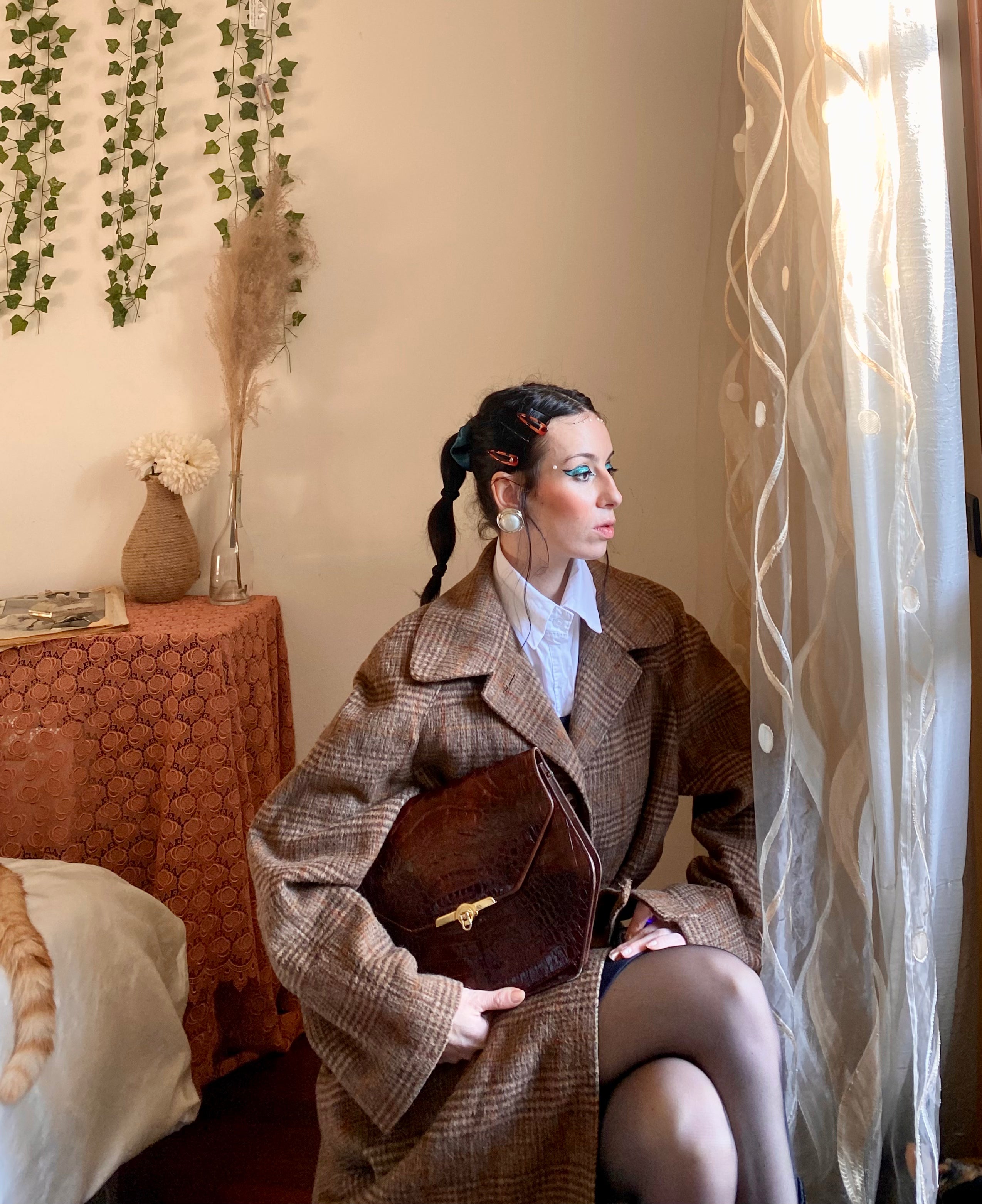 Mocha tartan double-breasted coat