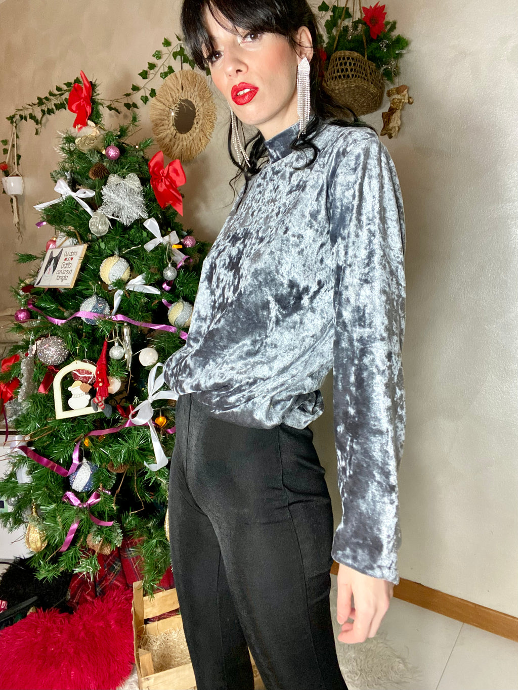 Pullover a collo alto in velluto antracite
