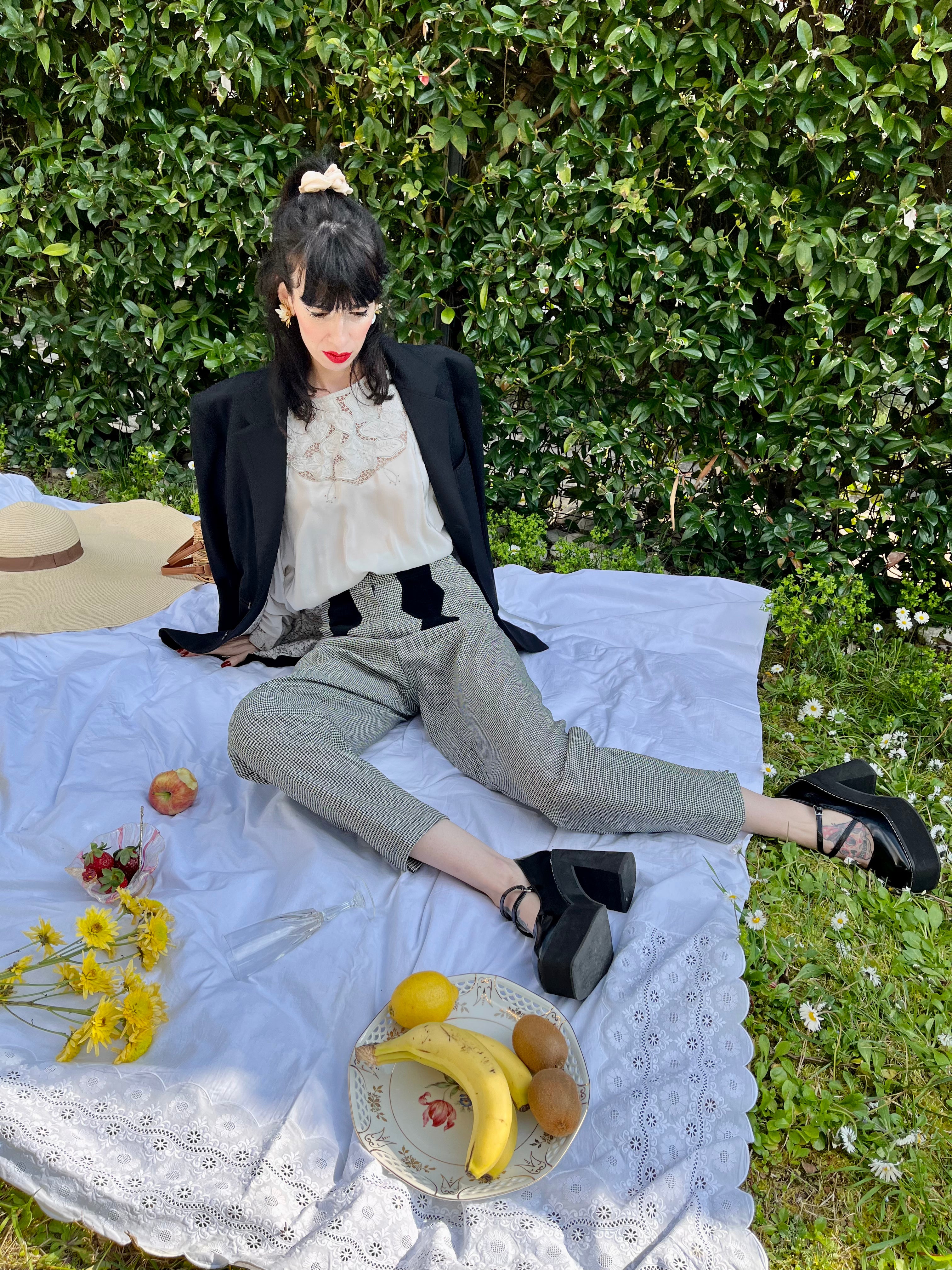 Pantalone pied de poule con dettagli in velluto