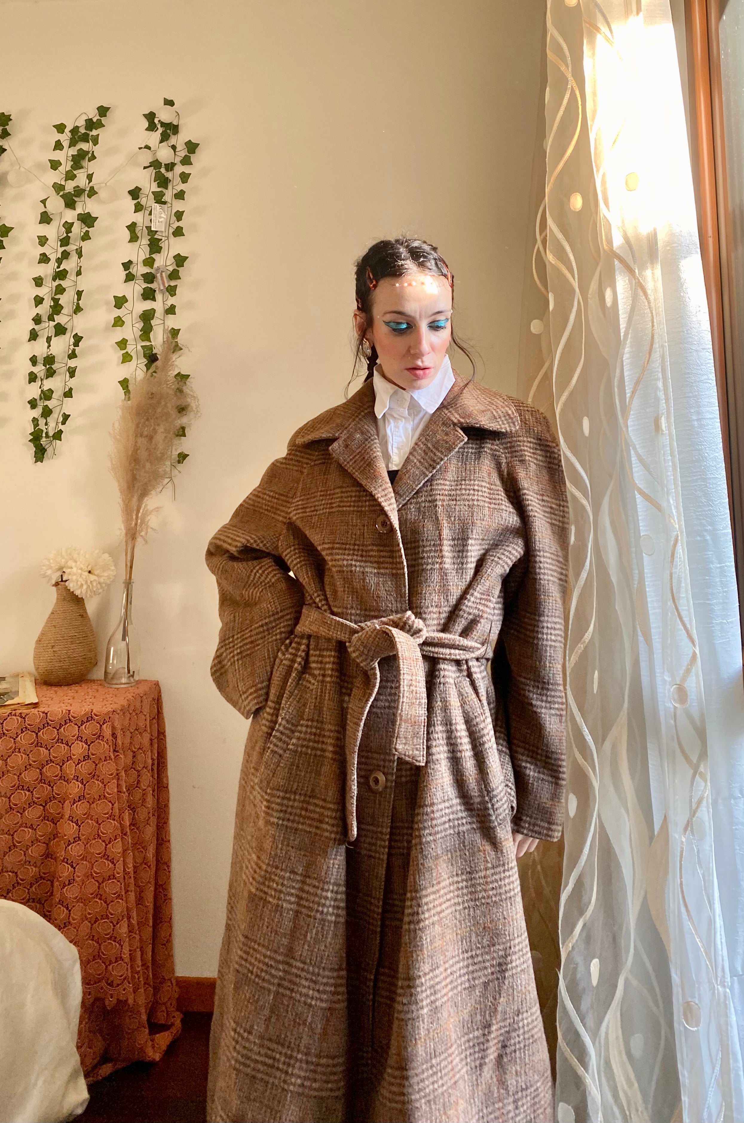 Mocha tartan double-breasted coat