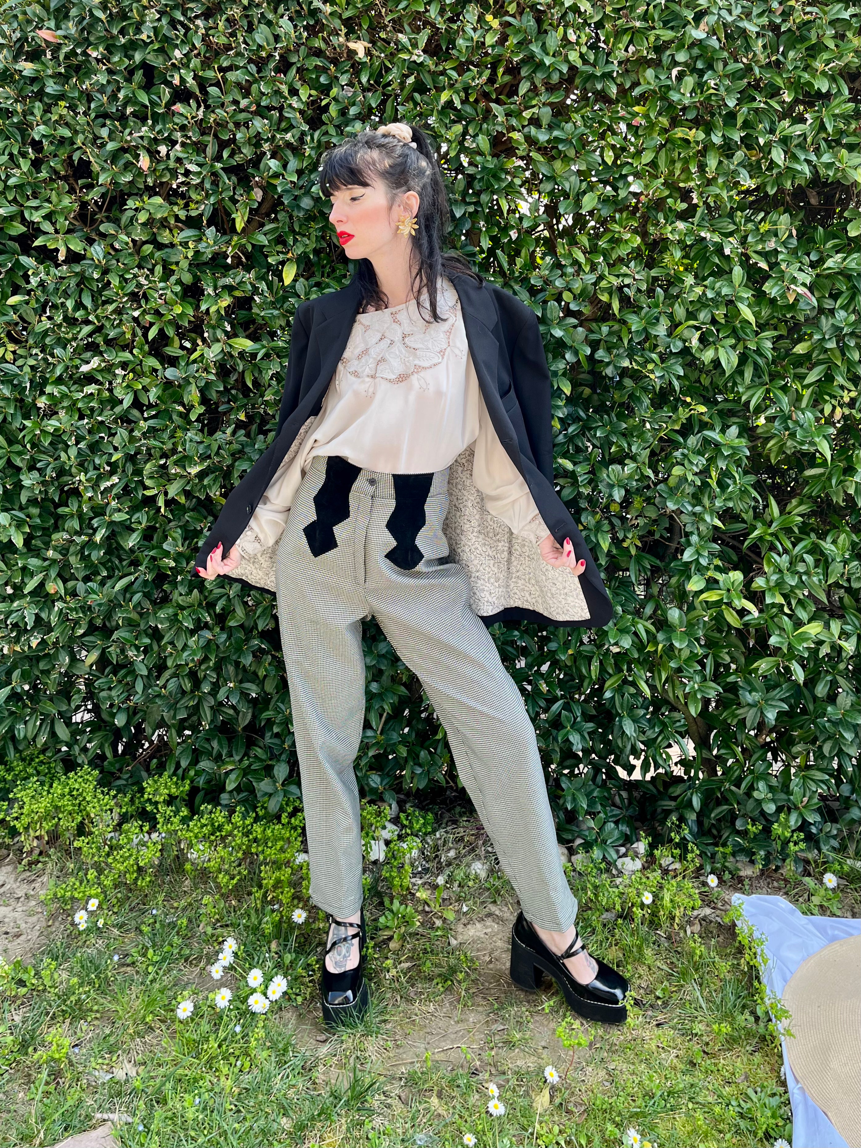 Pantalone pied de poule con dettagli in velluto