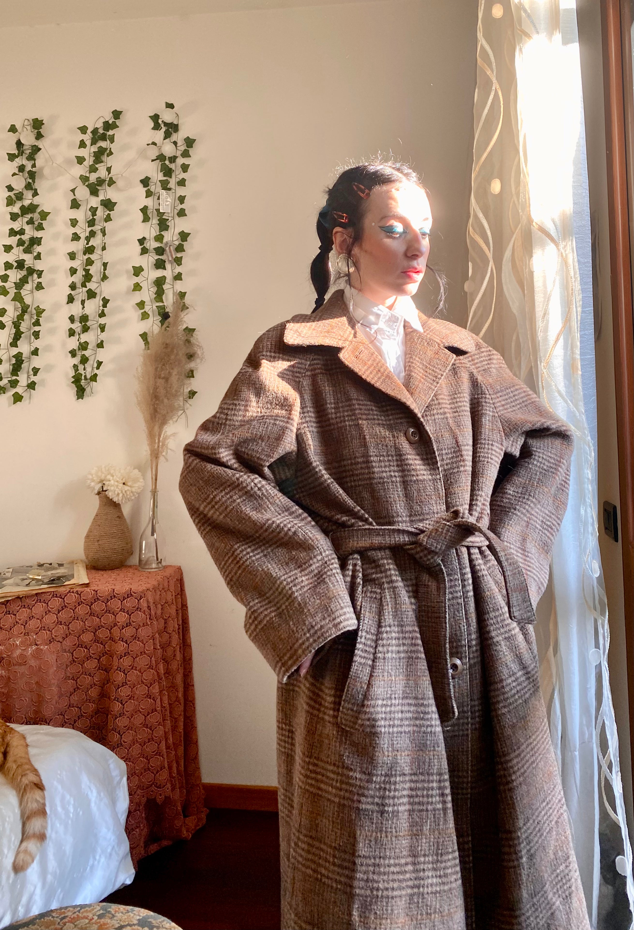 Mocha tartan double-breasted coat