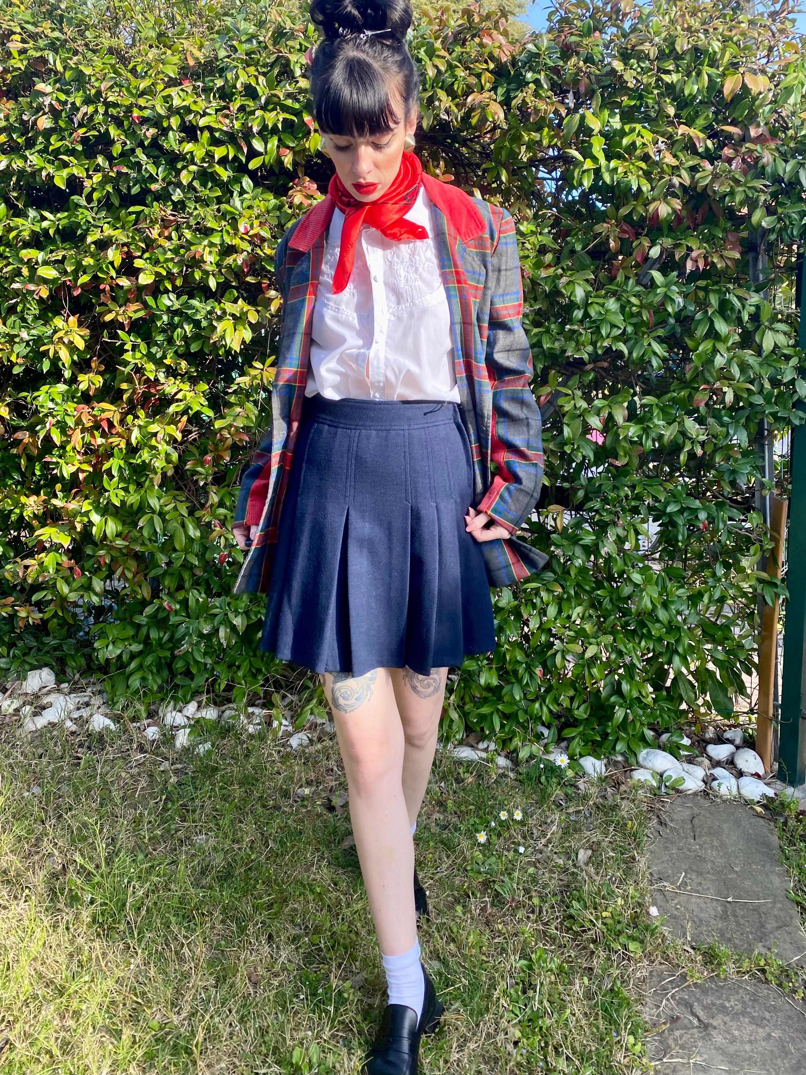 Blazer tartan monopetto con colletto e dettagli in velluto a coste